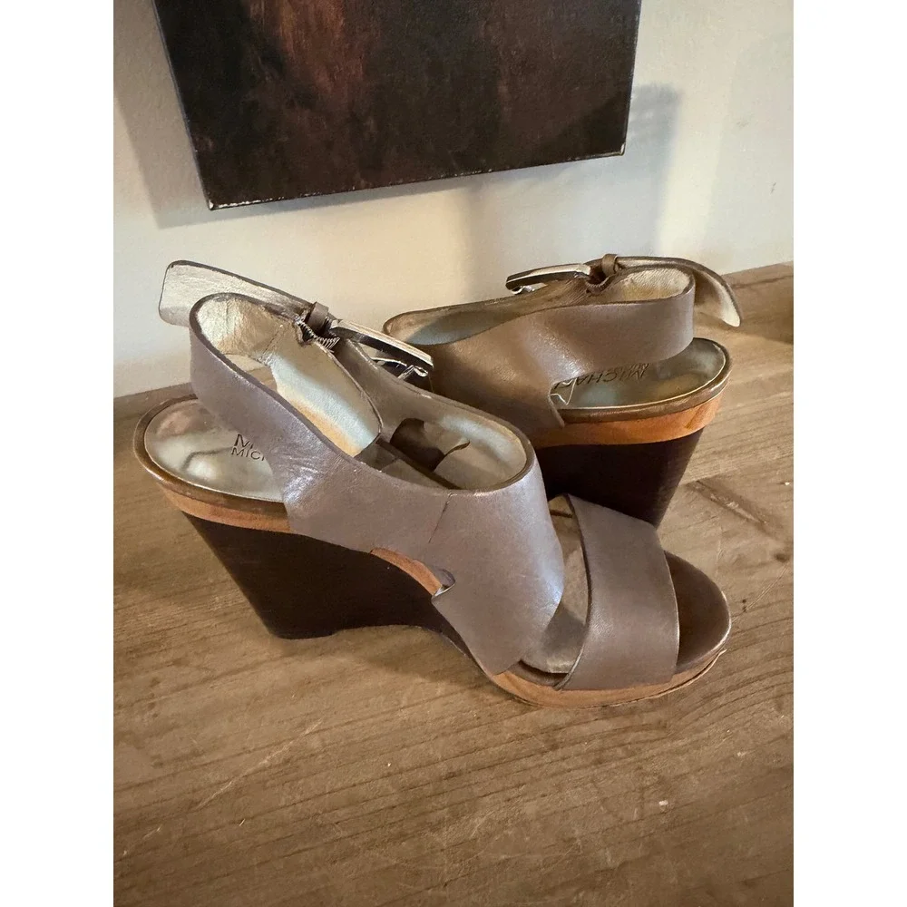 Michael Kors Brown‎ Leather Open Toe Wedge Sandals Buckle Ankle Strap Women